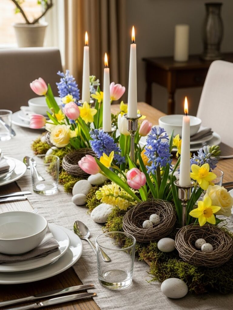 Spring-inspired table centerpiece crafted with flowers and candles