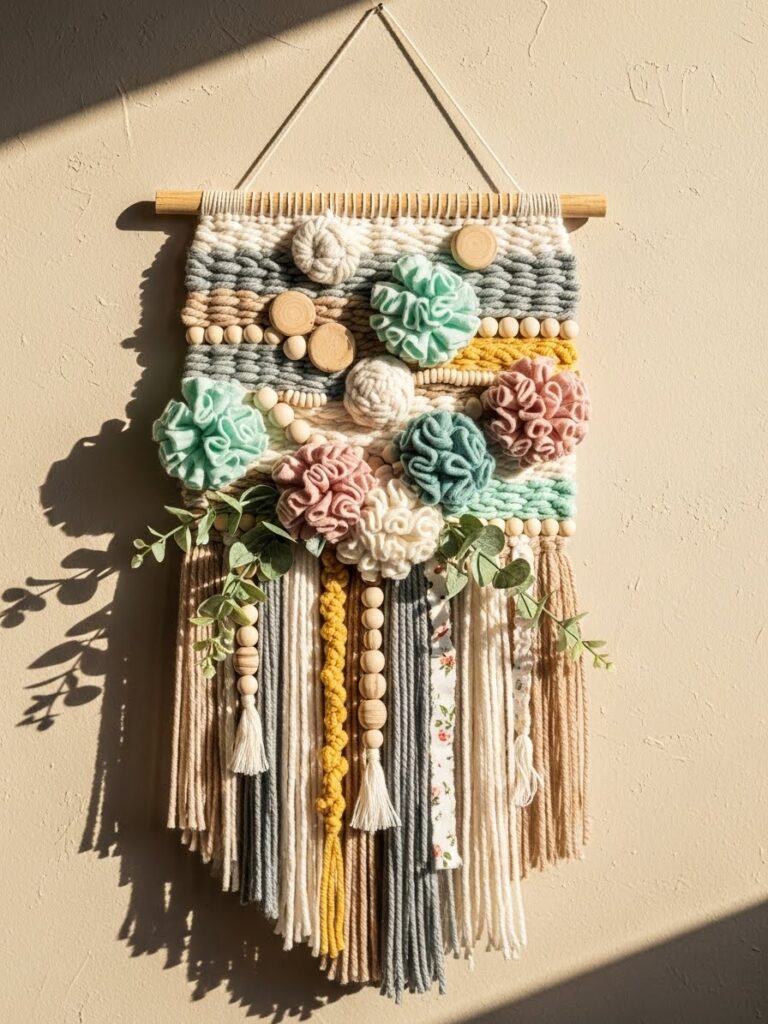 DIY spring wall hanging made with yarn and natural materials