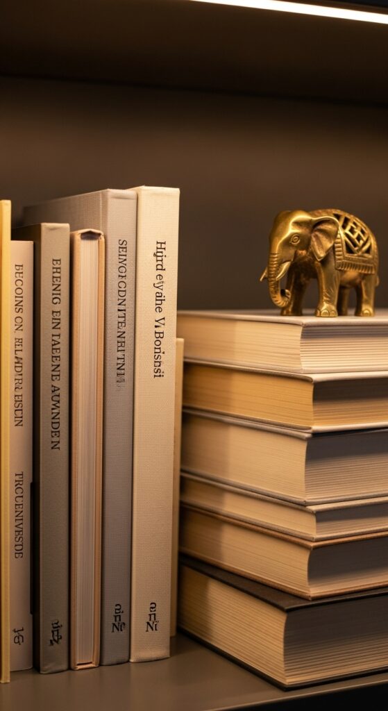 Books styled both horizontally and vertically on shelf creating visual depth
