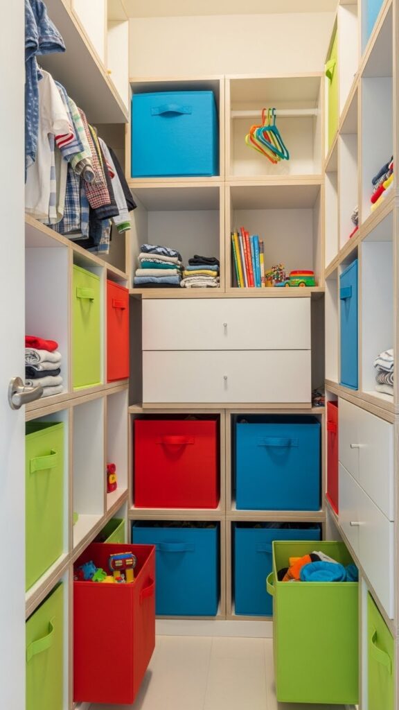 Stackable modular storage cubes in small kids closet providing flexible organization for tight spaces