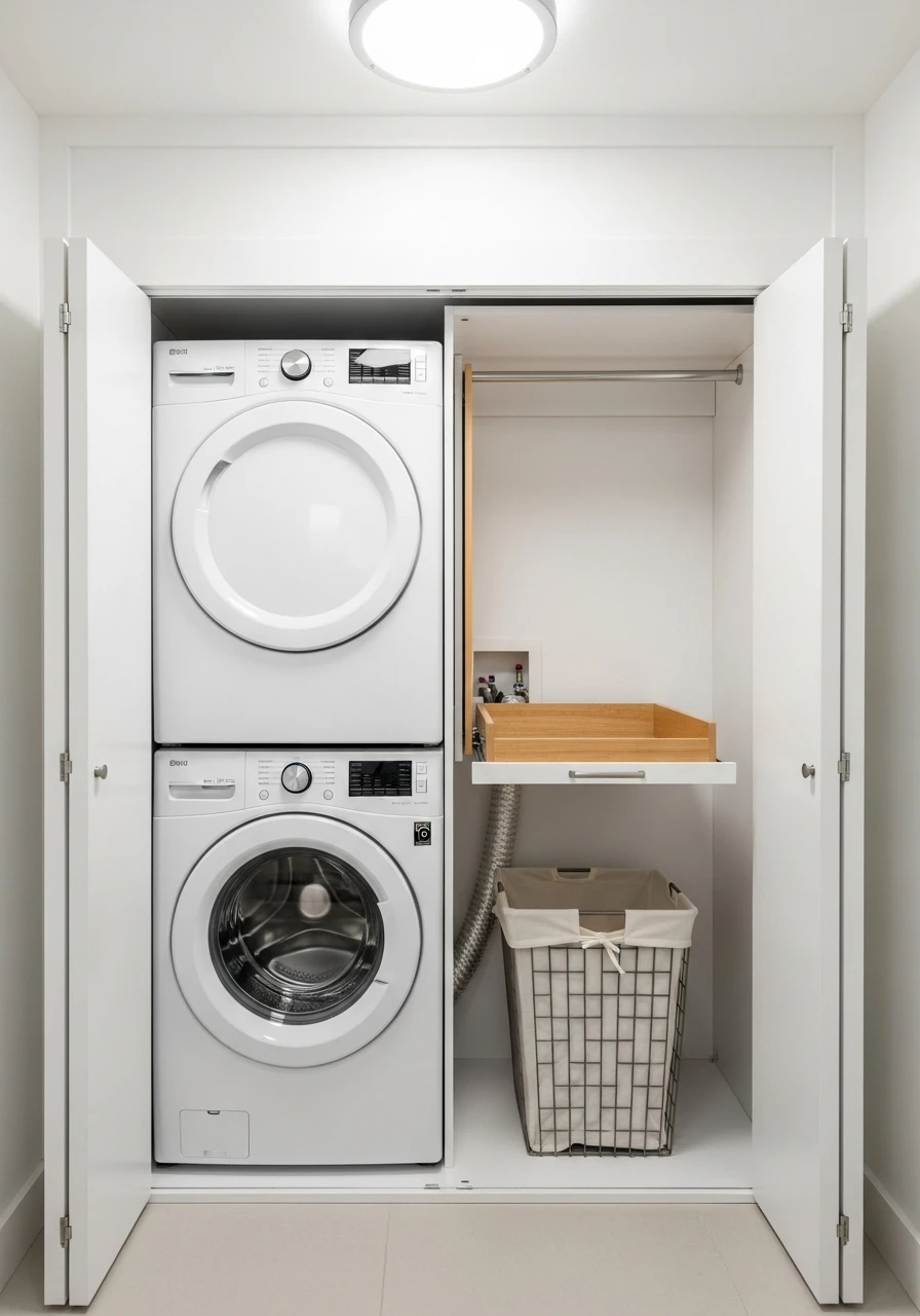 Stackable washer and dryer in compact closet laundry room
