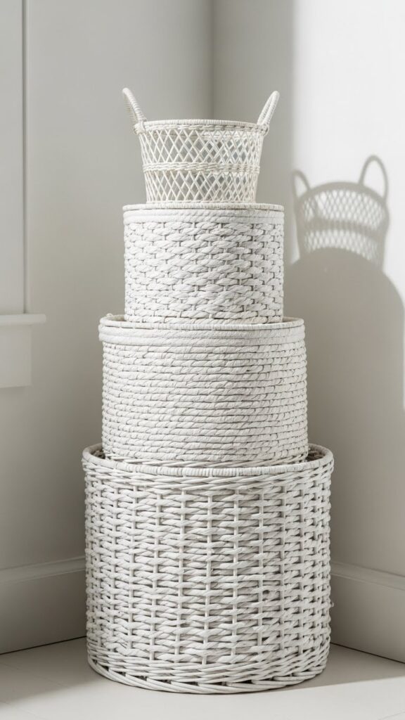 Three stacked white woven baskets in varying sizes creating vertical storage in bedroom corner
