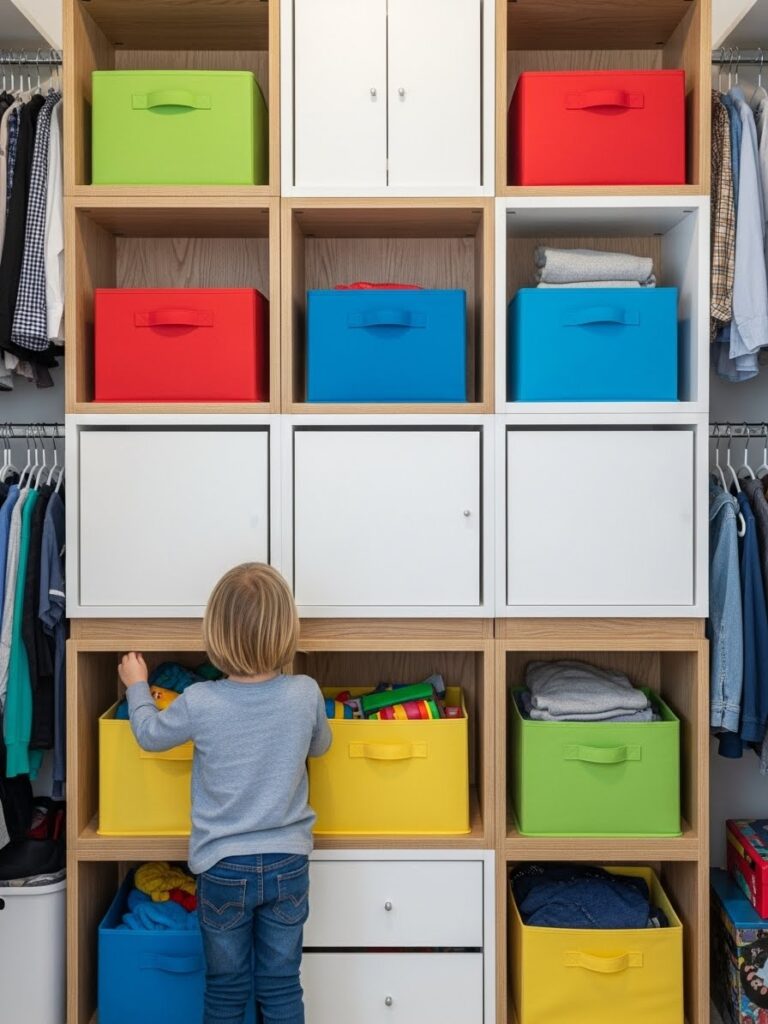 Stacking storage cubes reaching ceiling height in kids closet maximizing vertical space with modular organization