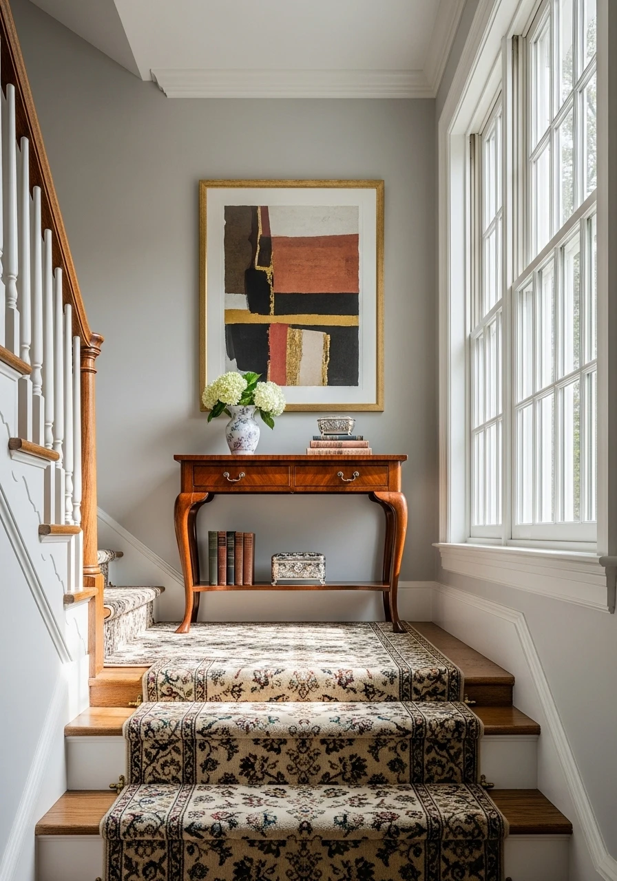 Stairway landing decorated as welcoming entryway space
