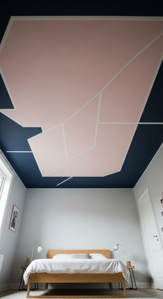 Bedroom with painted statement ceiling creating visual interest as fifth wall