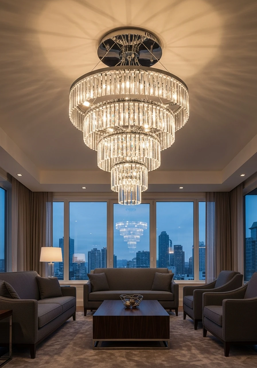 Modern statement chandelier illuminating living room seating area