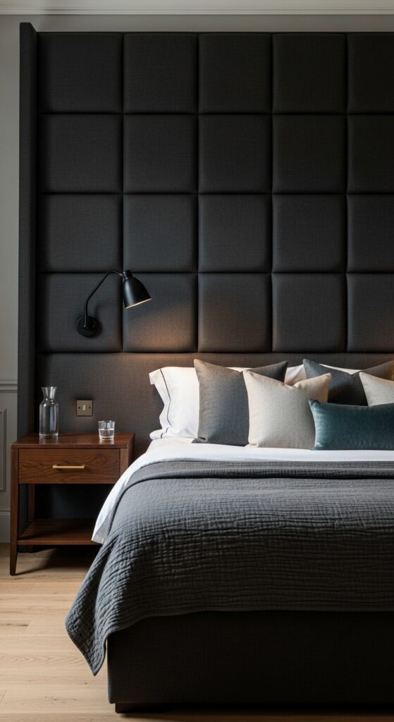 Bedroom with dramatic upholstered headboard wall creating focal point with matching nightstands
