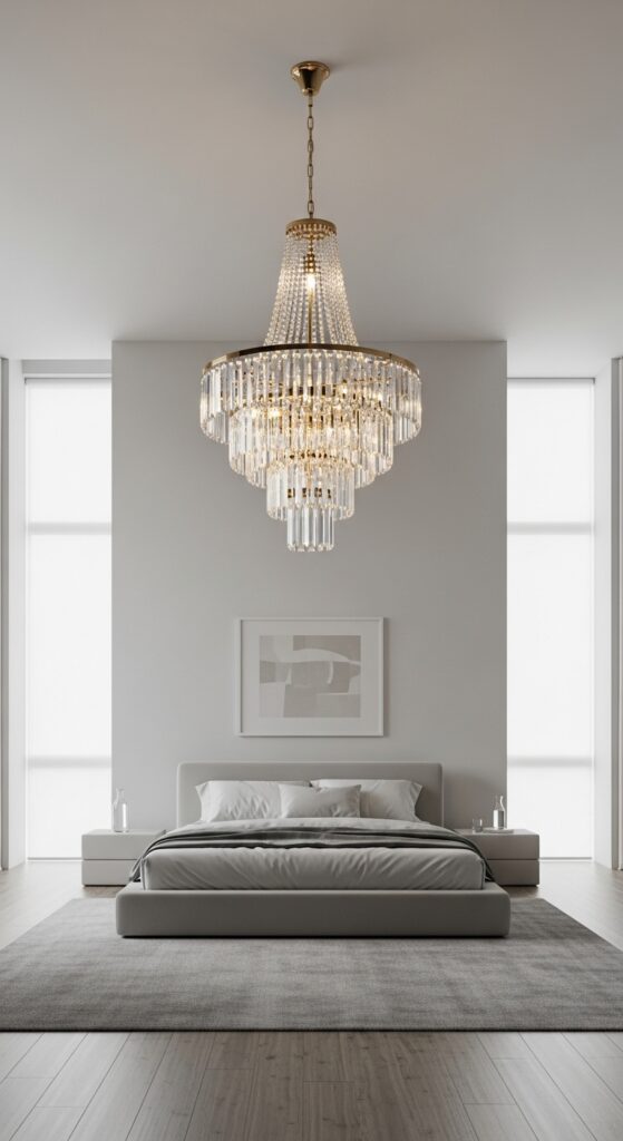 Bedroom with dramatic statement chandelier creating focal point and design interest