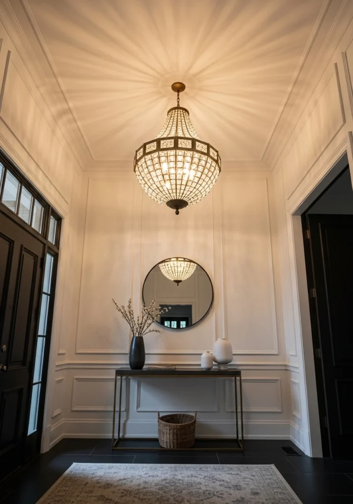 Statement pendant light fixture in entryway with console below