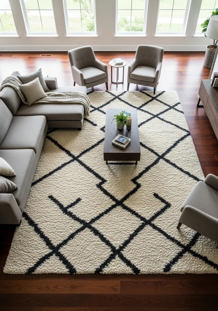 Large textured statement rug anchoring living room seating area