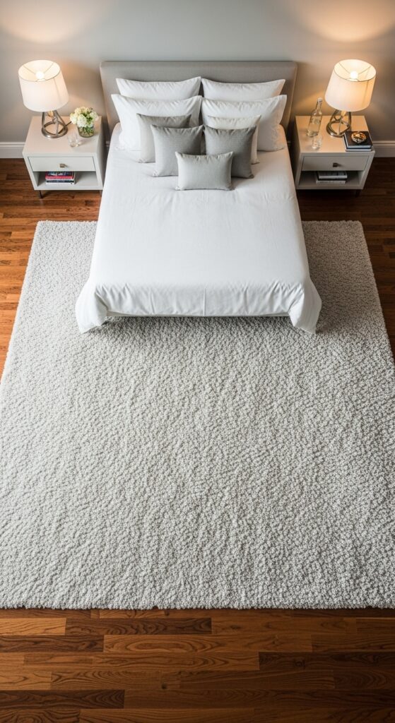 Bedroom with large plush area rug under bed creating warmth and texture