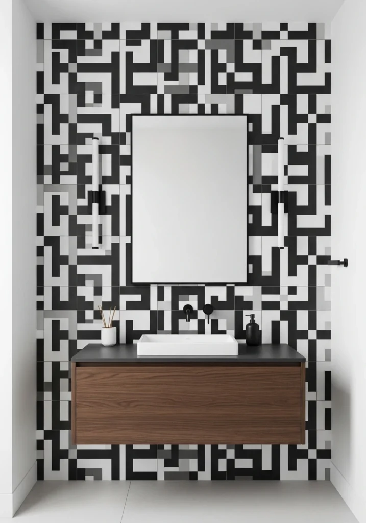  Bold geometric patterned tile wall behind floating bathroom vanity