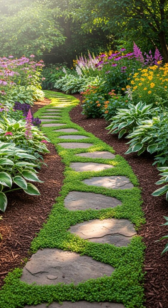 Curved stepping stone pathway winding through lush garden beds with ground cover between stones