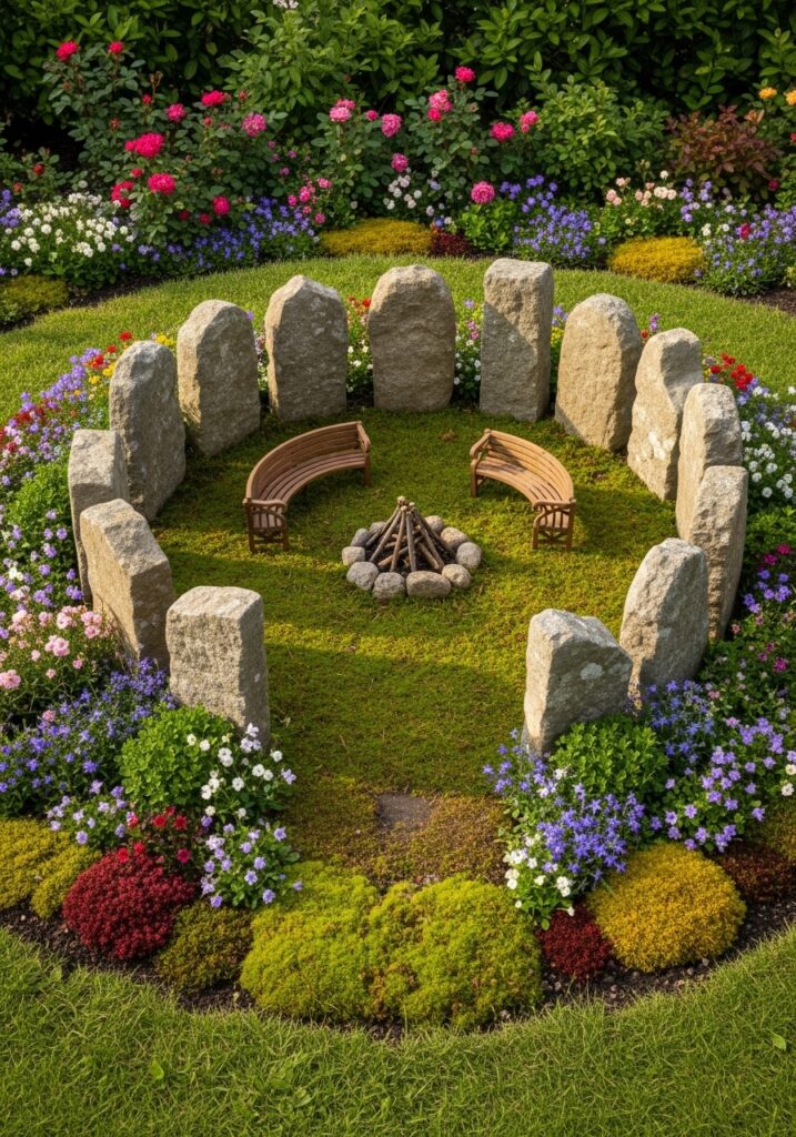  Circle of standing stones surrounding fairy gathering area with benches