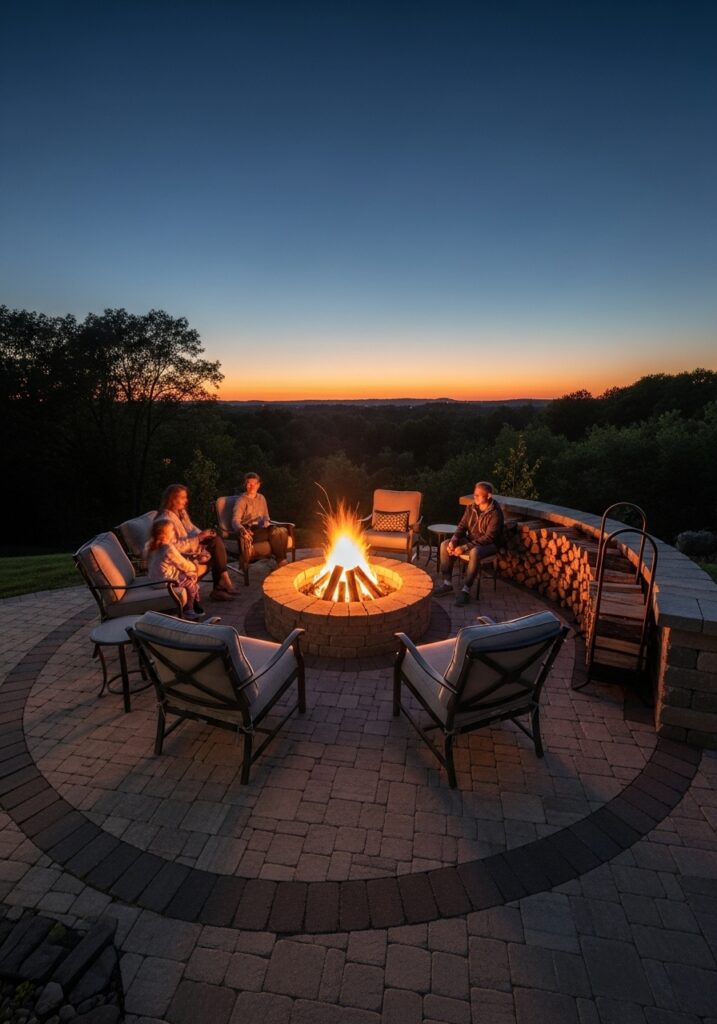 Circular stone fire pit with curved seating creating outdoor gathering space with warm fire glow