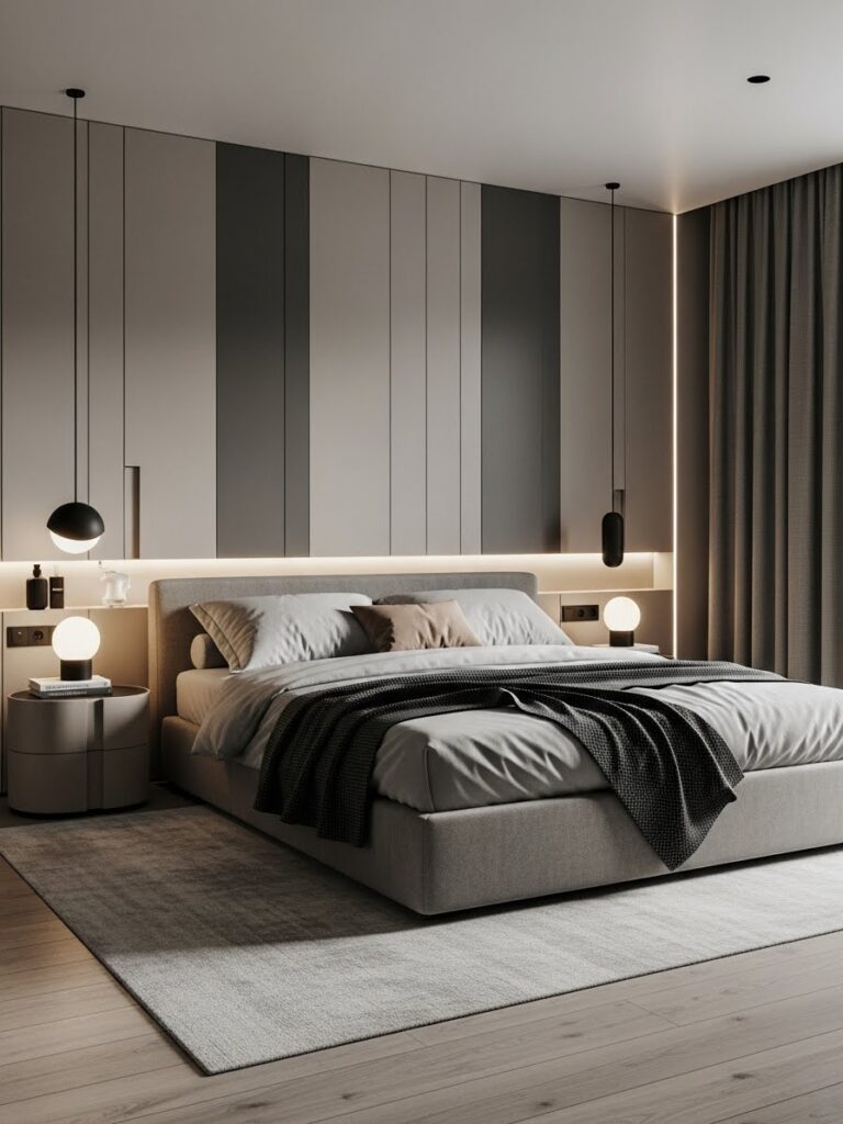 Modern bedroom with stone gray and neutral color palette