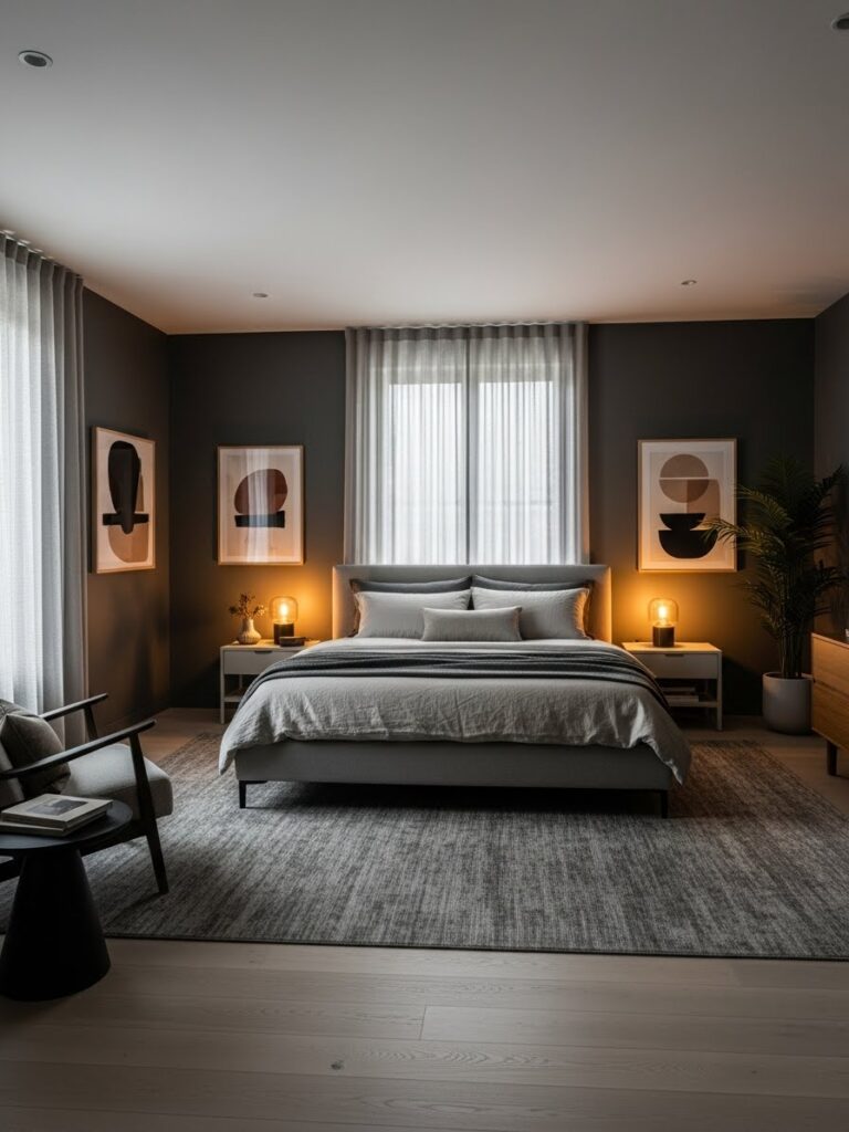 Stone gray bedroom color palette with a calm modern full room interior