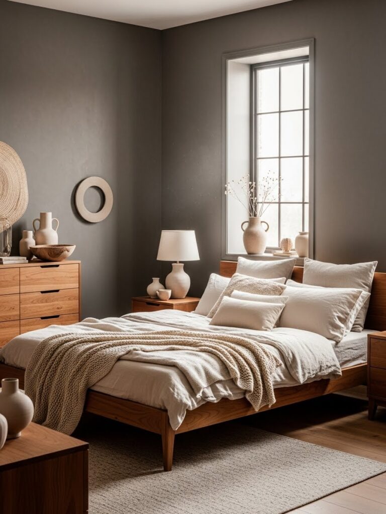 Stone gray neutral bedroom palette with grounded modern interior design