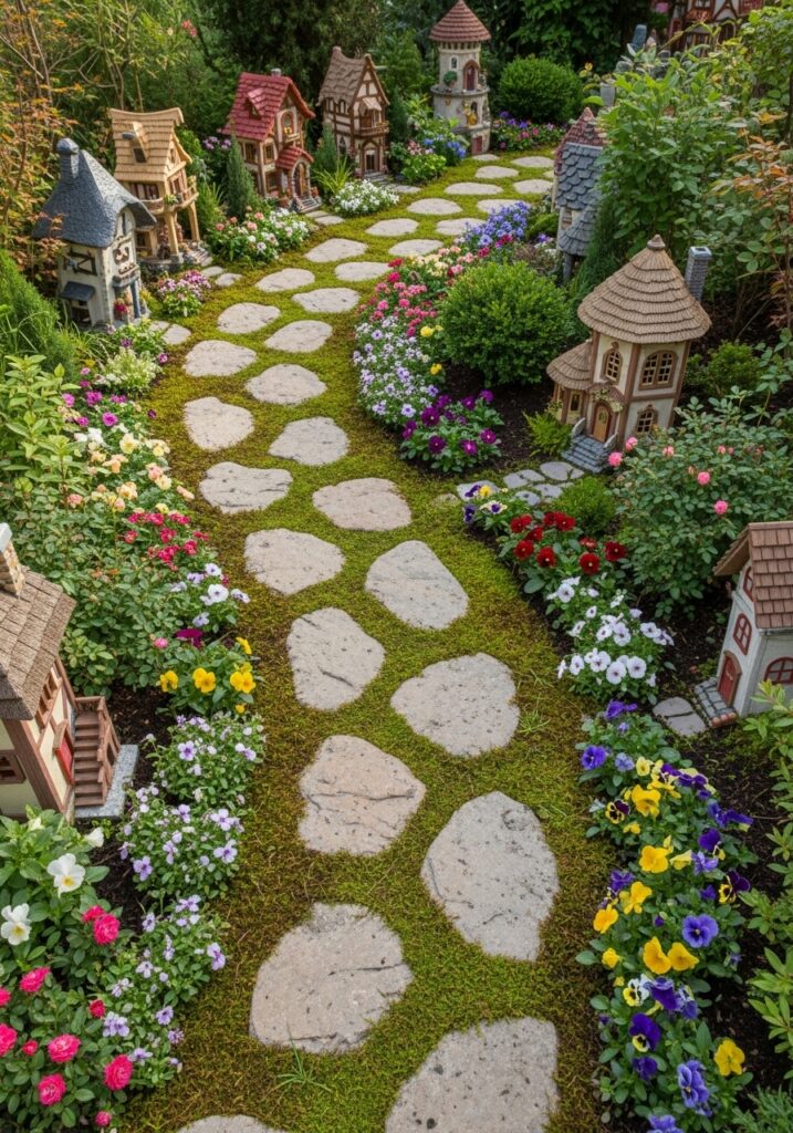 Winding stone pathway through fairy garden with houses and flowers
