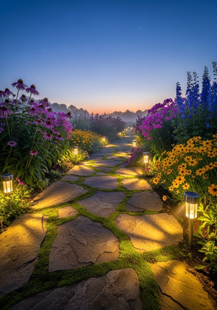 Natural stone pathway lined with glowing solar lights winding through colorful flower gardens