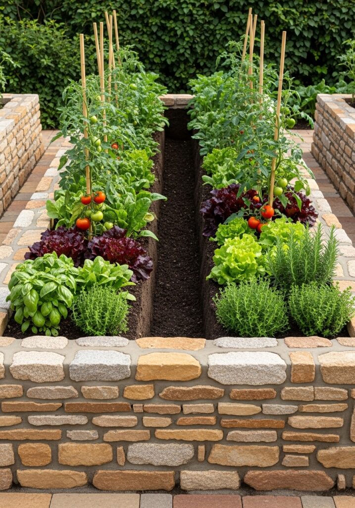 Natural stone raised garden bed with stacked stone walls growing variety of fresh vegetables
