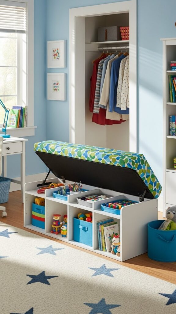 Multi-purpose storage bench with hidden compartments for kids closet organization