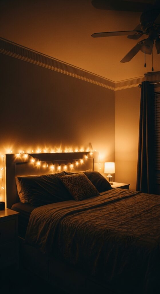 Bedroom with string lights creating soft ambient glow and cozy atmosphere