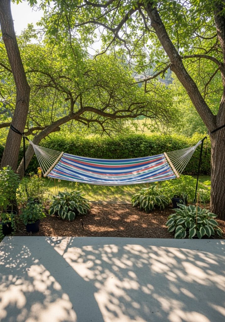 Colorful striped hammock suspended between trees creating peaceful garden relaxation spot