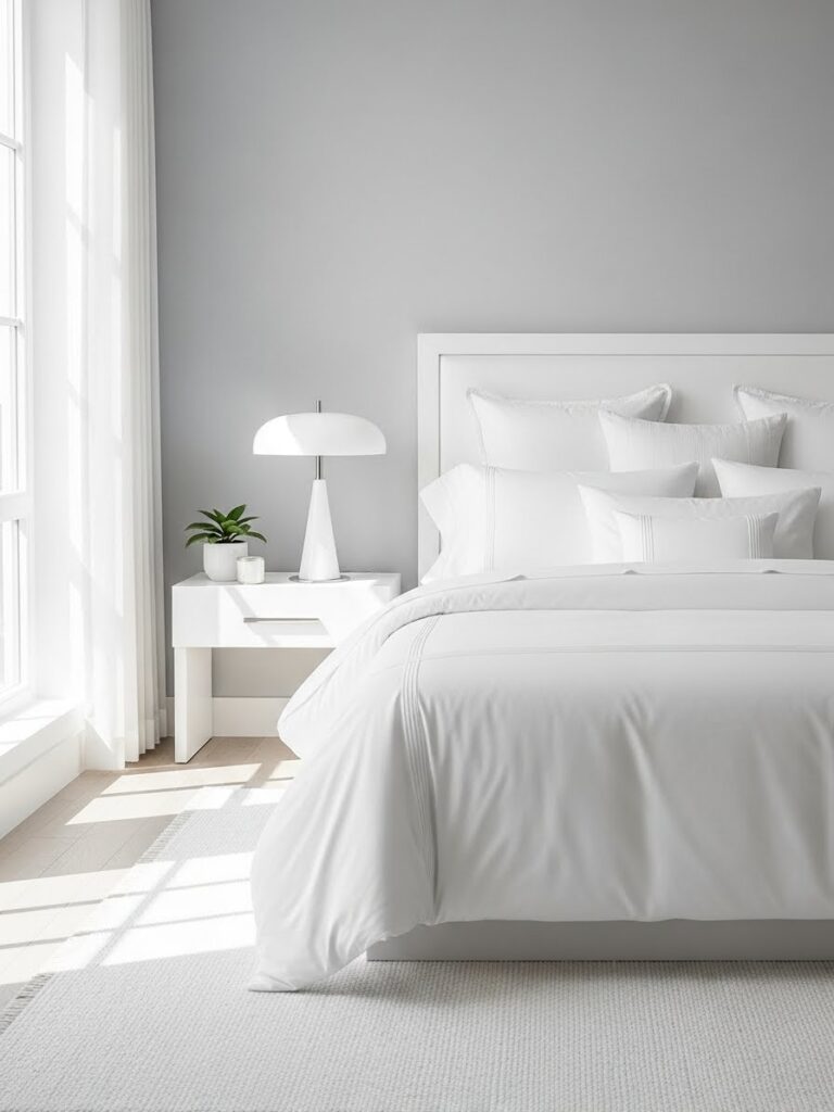 Modern white bedroom with structured bedding and a polished appearance