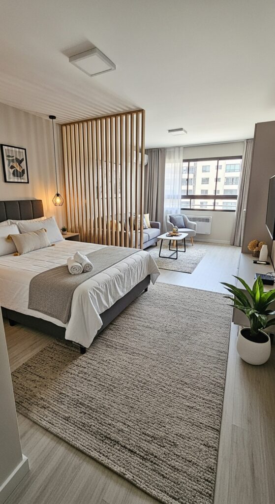 Studio apartment with defined bedroom zone using area rug and room divider