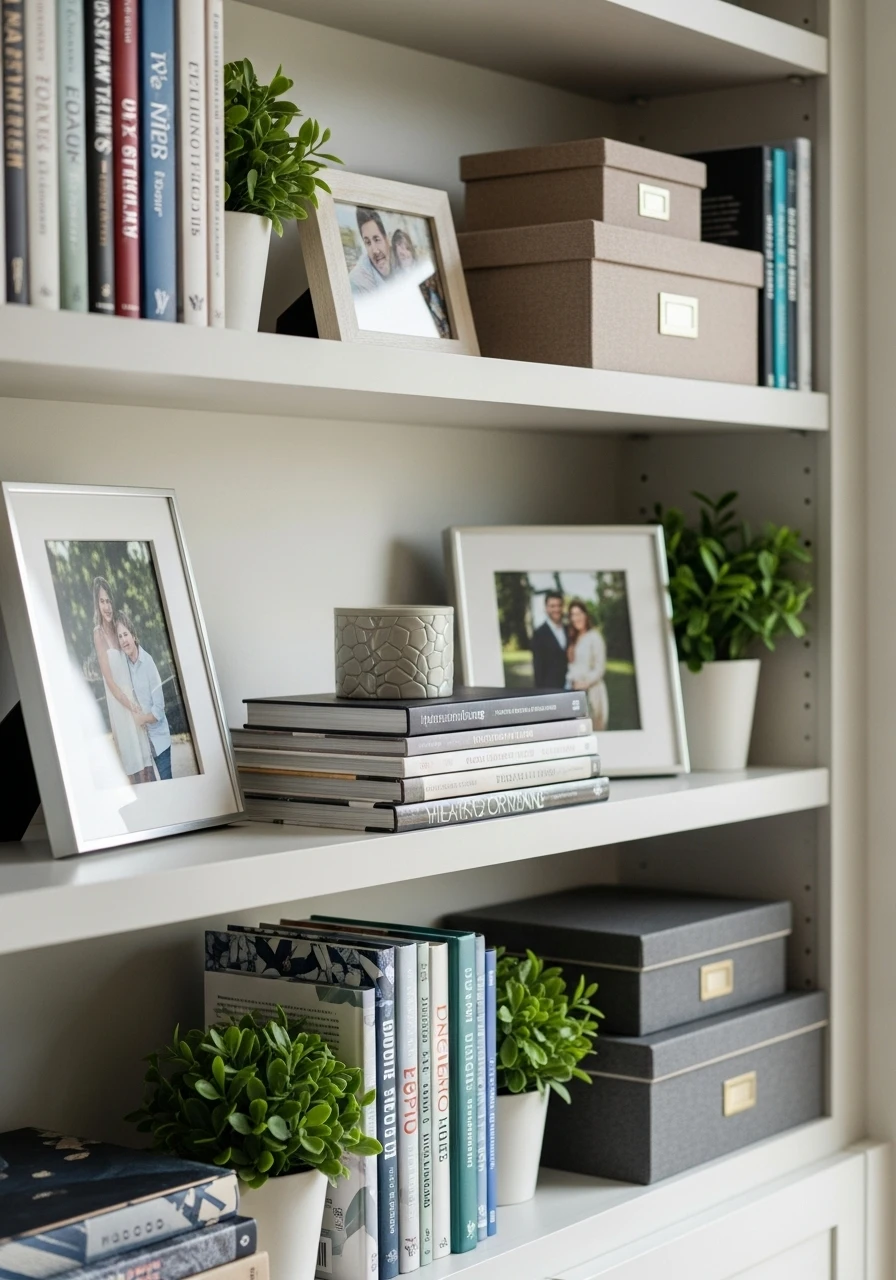 Styled built-in shelves with books and decor in living room
