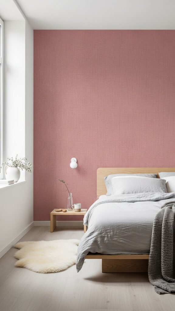 Modern subtle pink linen weave wallpaper with minimalist fabric texture