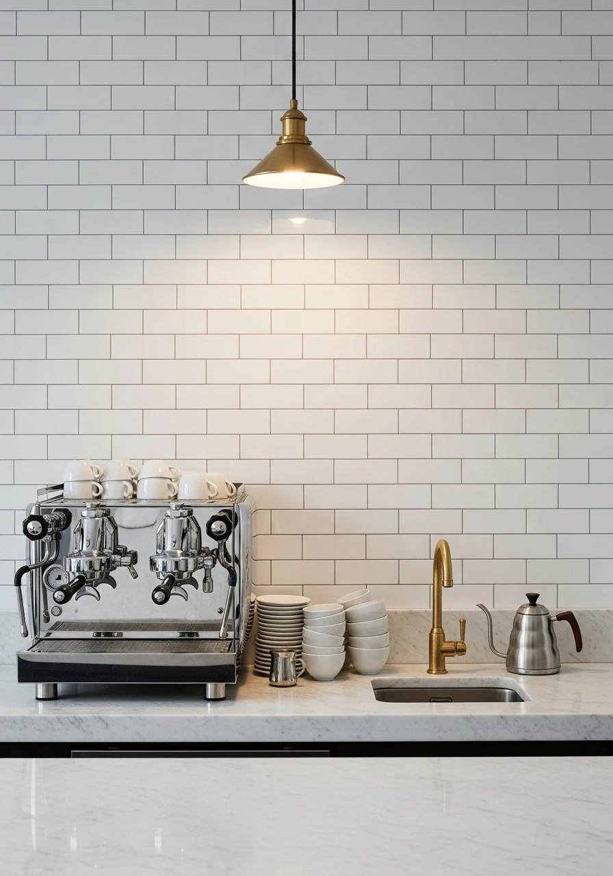 White subway tile backsplash behind marble counter coffee bar with brass fixtures