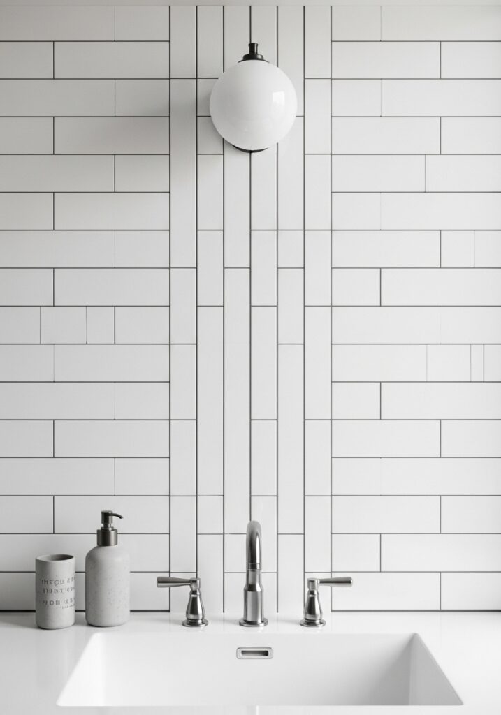 White subway tile kitchen backsplash in modern vertical stacked pattern