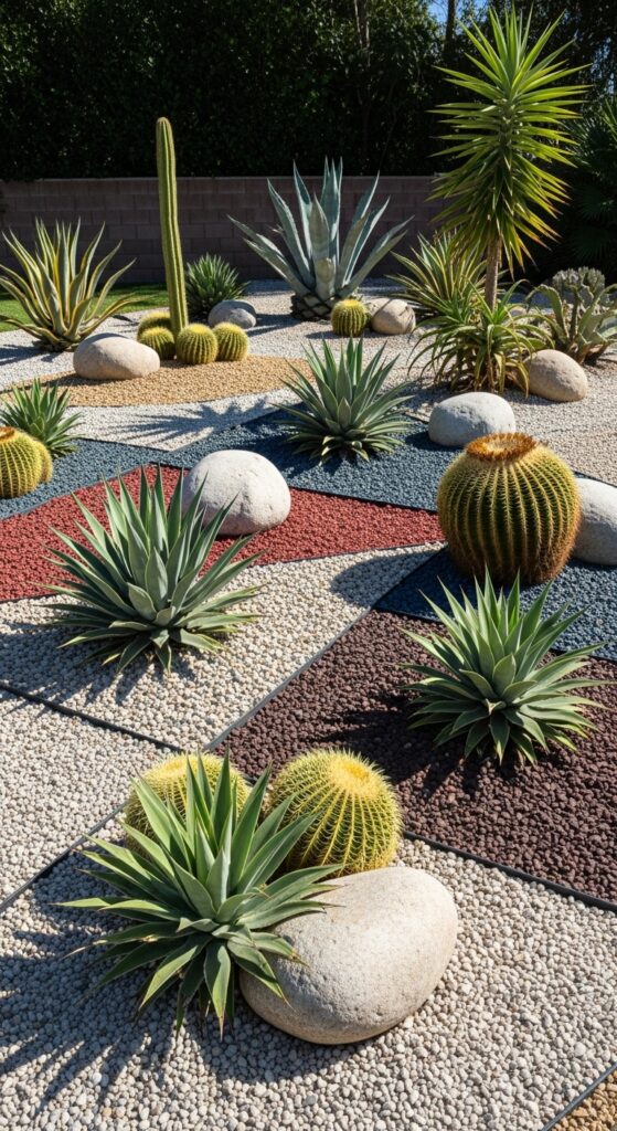 Desert-style succulent and cactus garden with agave and decorative gravel