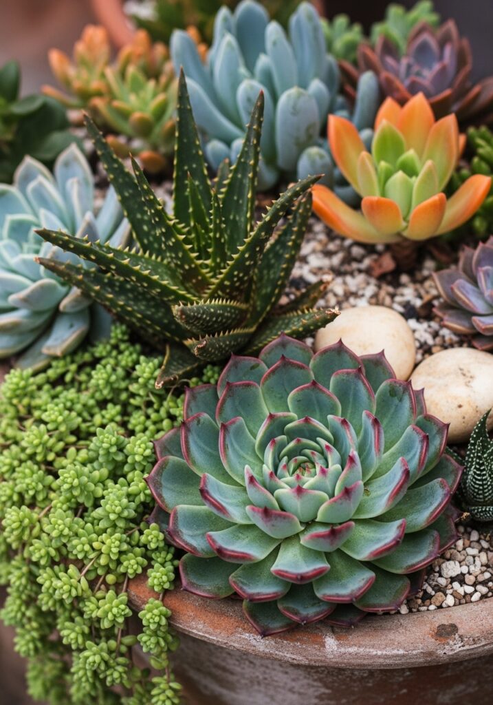 Succulent garden detail showing varied textures, forms, and colors

