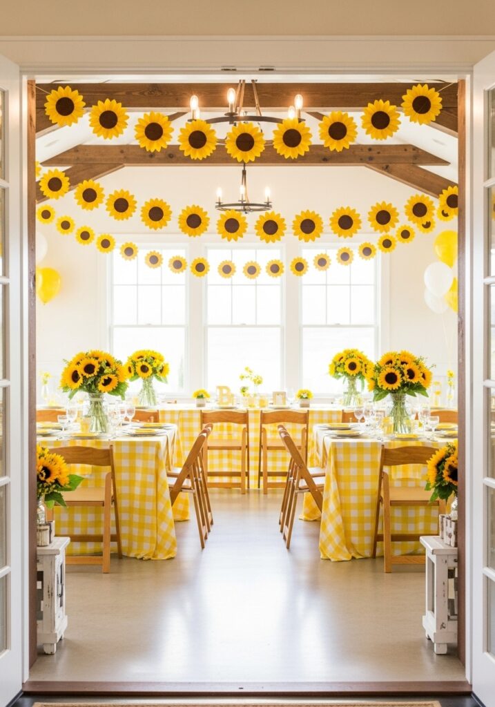 Sunflower sunshine baby shower with bright yellow decorations and floral arrangements