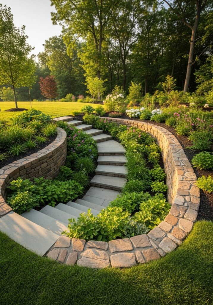 Sunken garden design with steps leading to below-grade planted area

