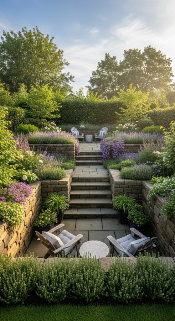 Sunken garden room with steps and retaining walls creating intimate outdoor space