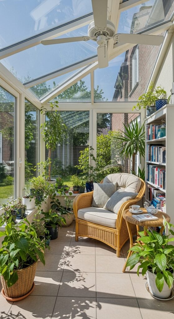 Sunroom reading retreat with glass walls, wicker furniture, and abundant natural light and plants