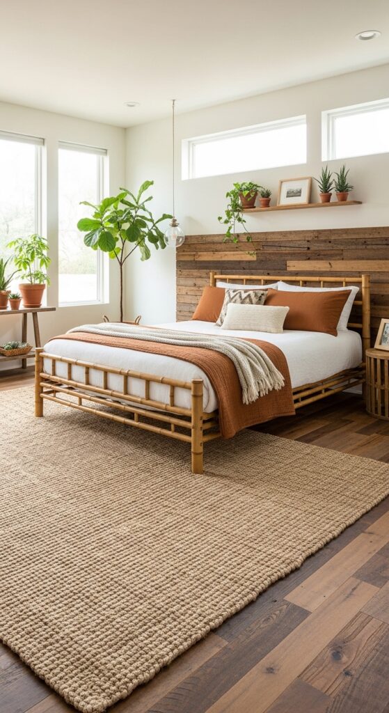 Eco-friendly bedroom with sustainable bamboo furniture and organic cotton bedding