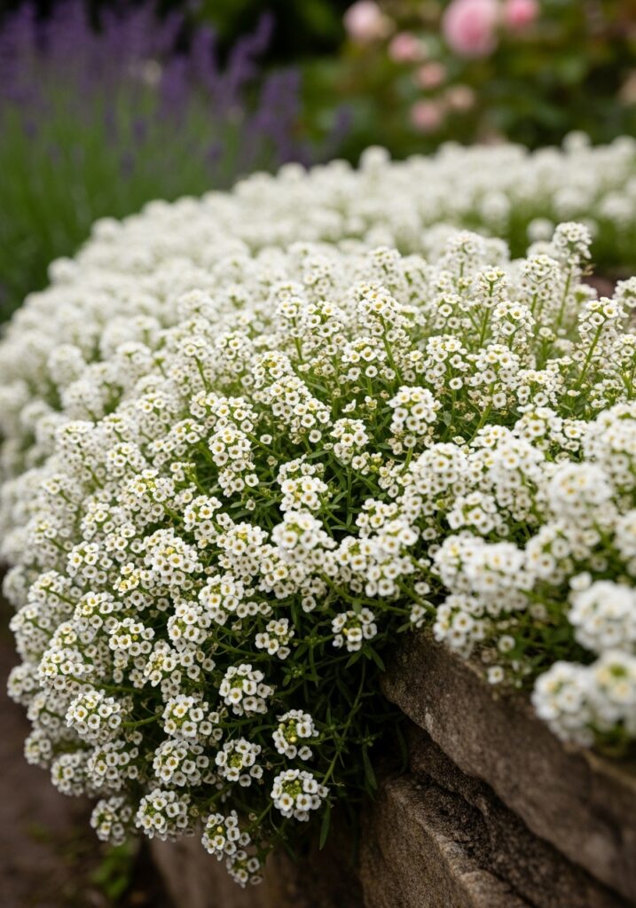  Sweet alyssum creating fragrant white flowering living garden border