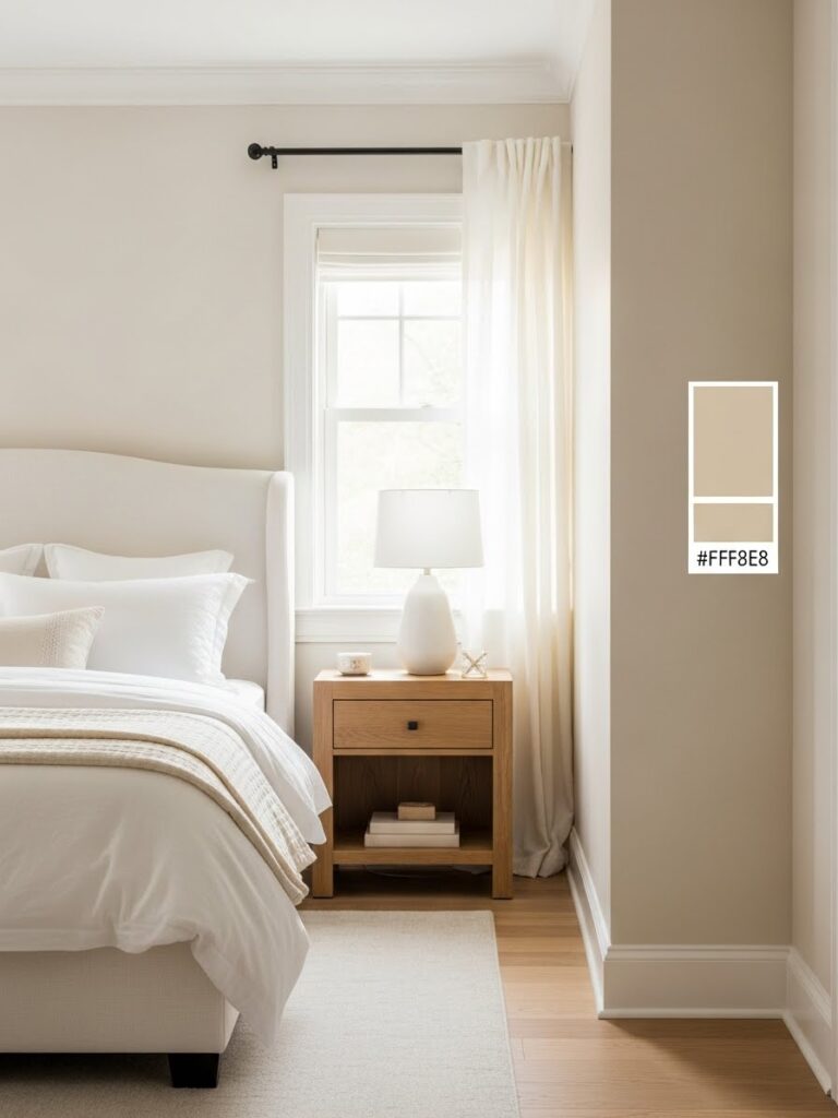 Bedroom with Swiss Coffee white paint on walls creating warm inviting atmosphere with cream undertones