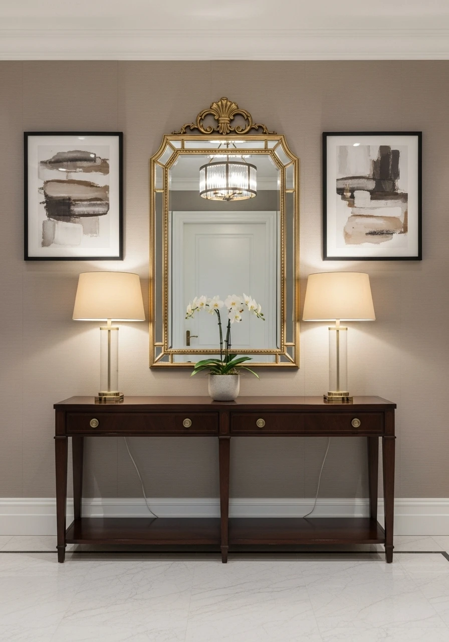 Symmetrical entryway design with centered console and matching elements