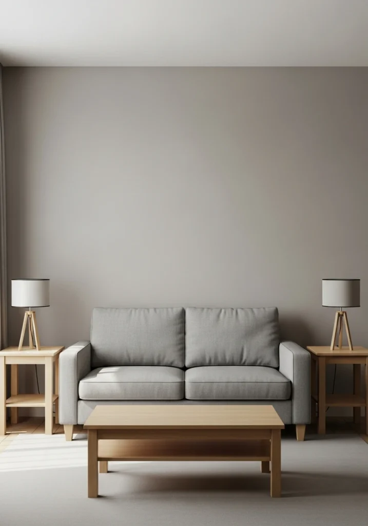 Symmetrical living room layout with matching lamps flanking sofa