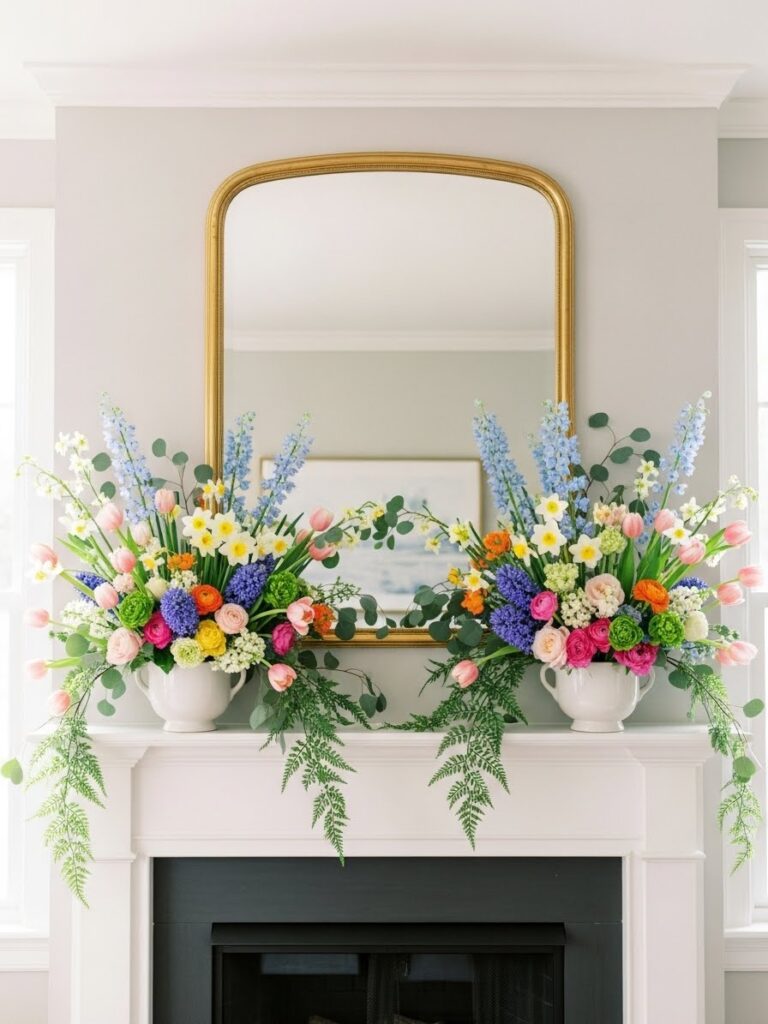 Symmetrical spring mantel decor with matching vases and fresh flowers