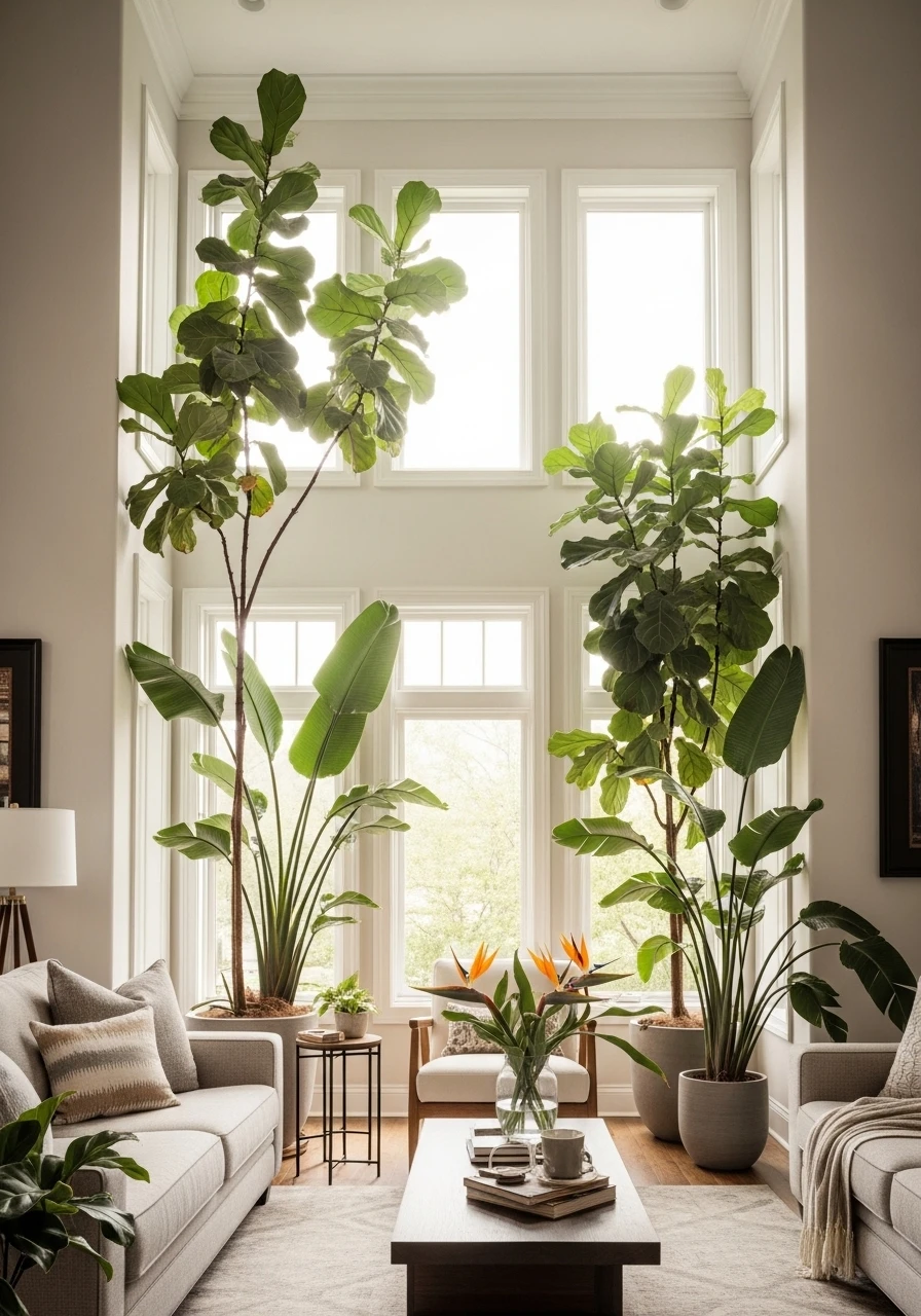 Tall indoor plants creating vertical drama in living room corners