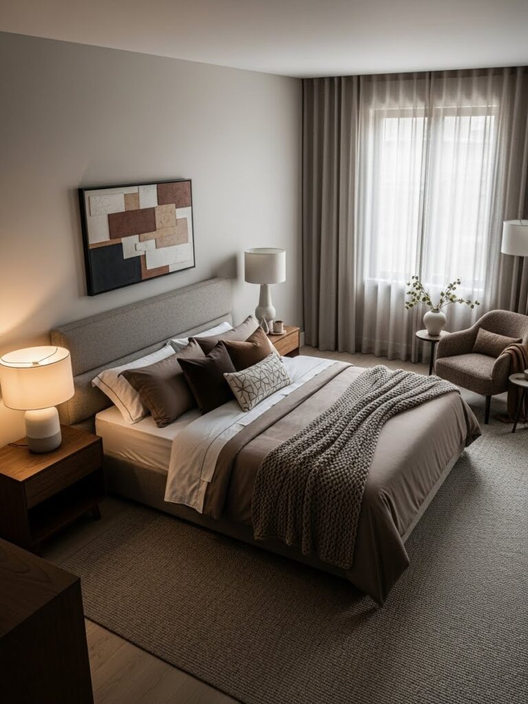 Modern taupe bedroom with soft brown accents creating a cozy color palette