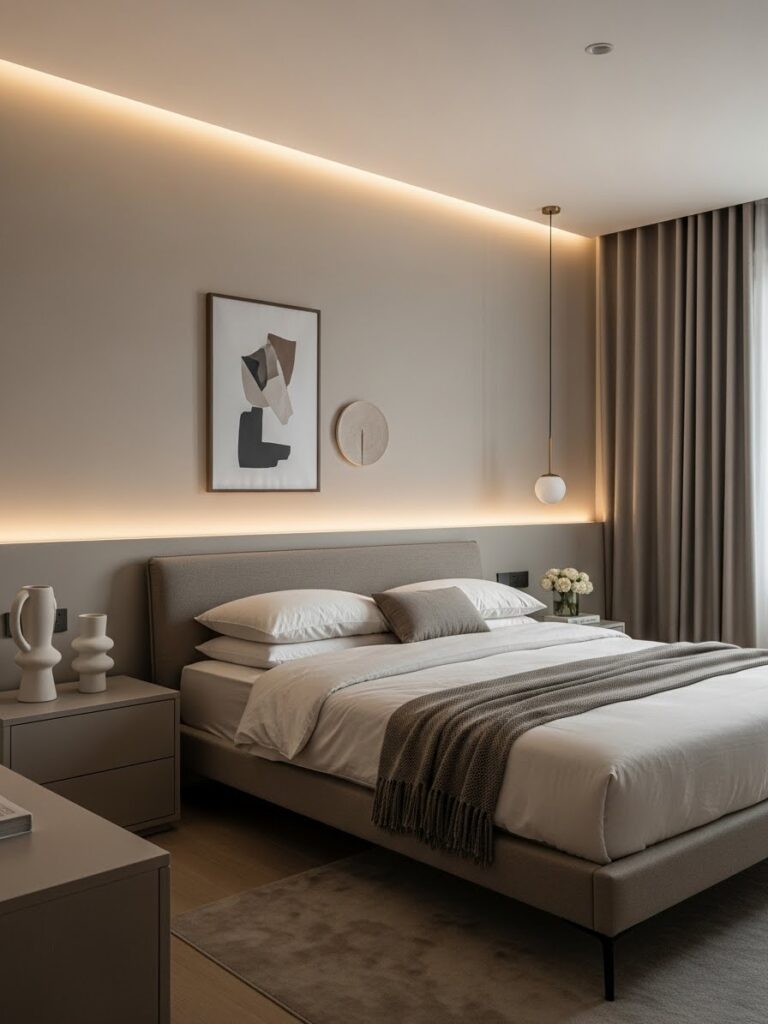 Elegant modern bedroom with layered taupe and cream color palette