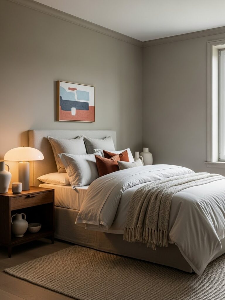 Taupe and soft ivory bedroom with elegant minimalist aesthetic